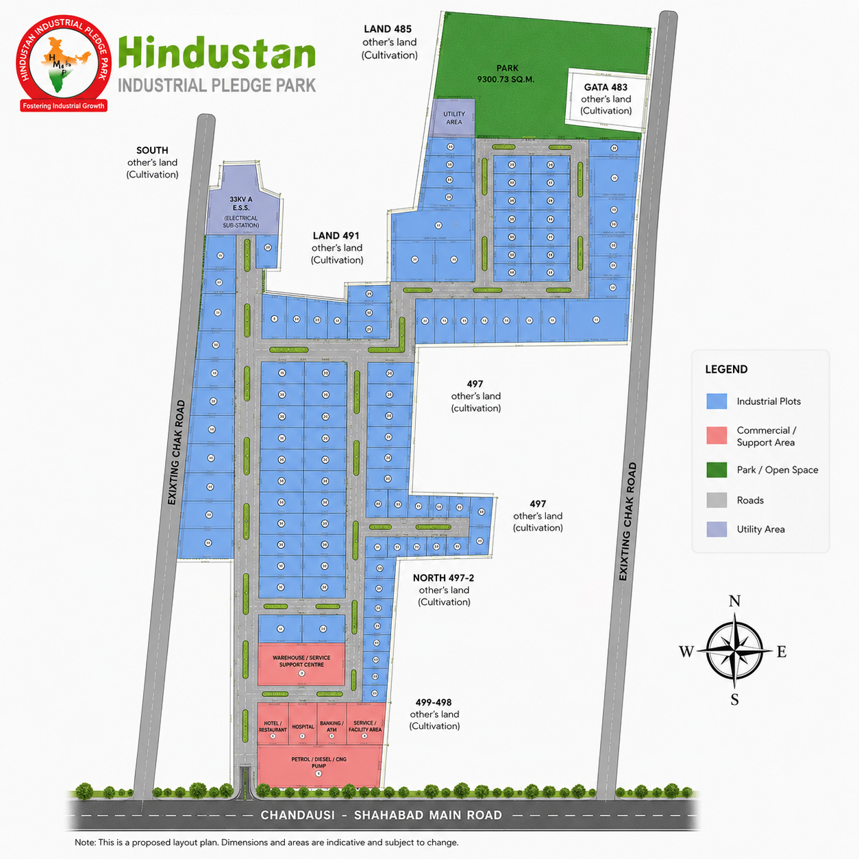 Master layout plan of Hindustan Industrial Pledge Park with plot categories, roads and legend